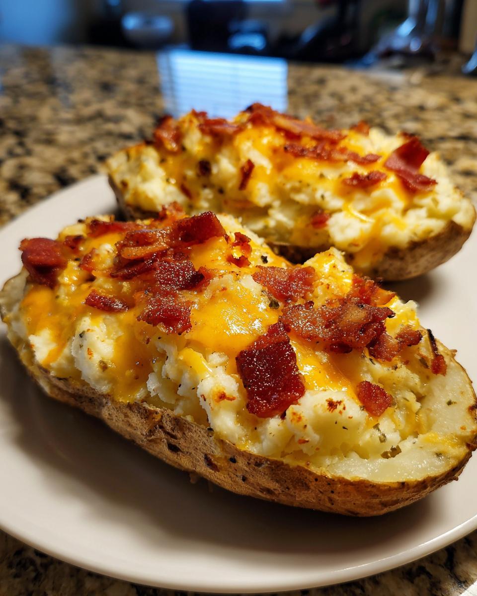 Two halves of a loaded twice baked potato casserole topped with melted cheddar cheese and crispy bacon bits.
