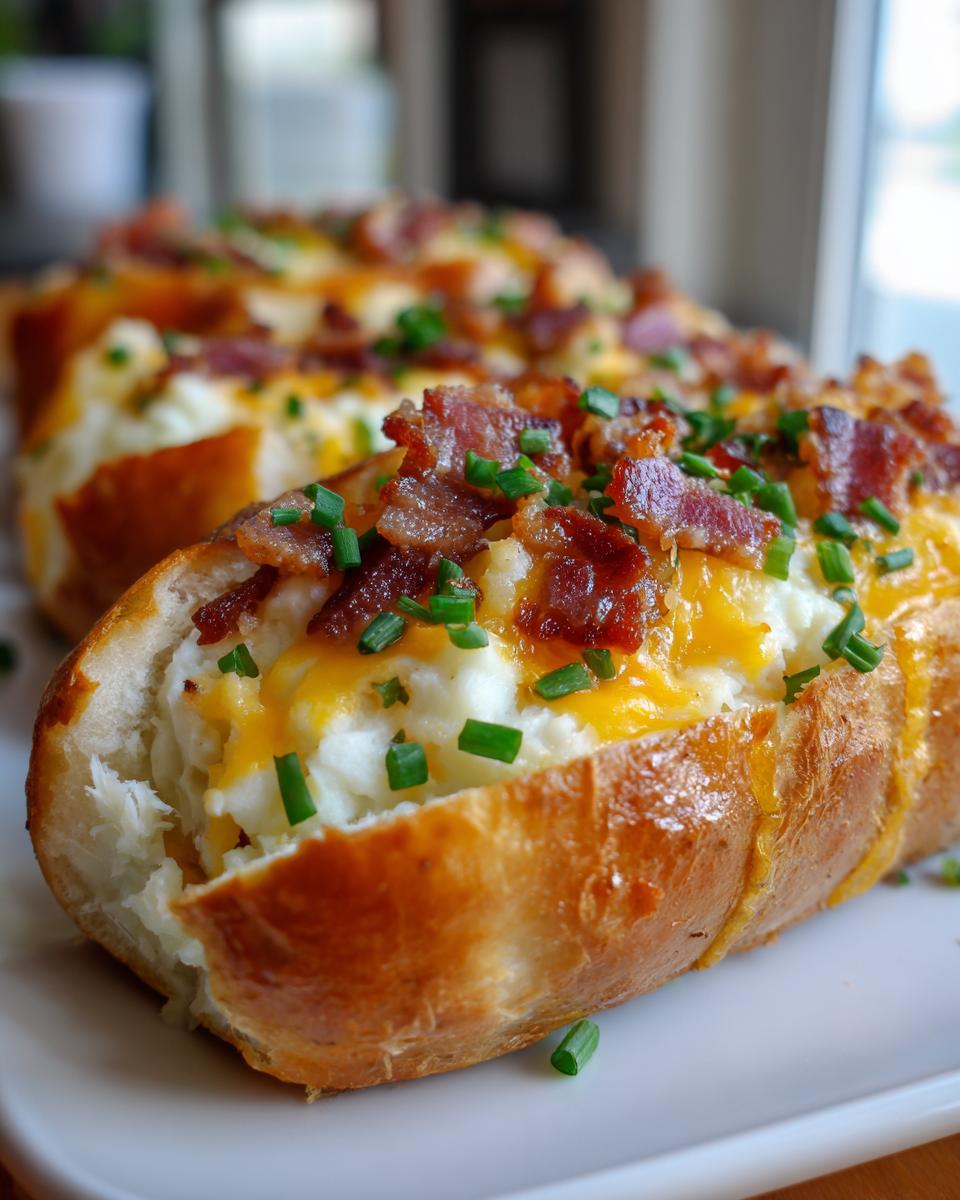 A close-up view of a twice-baked potato stuffed with creamy filling, topped with melted cheddar cheese, bacon bits, and chives.