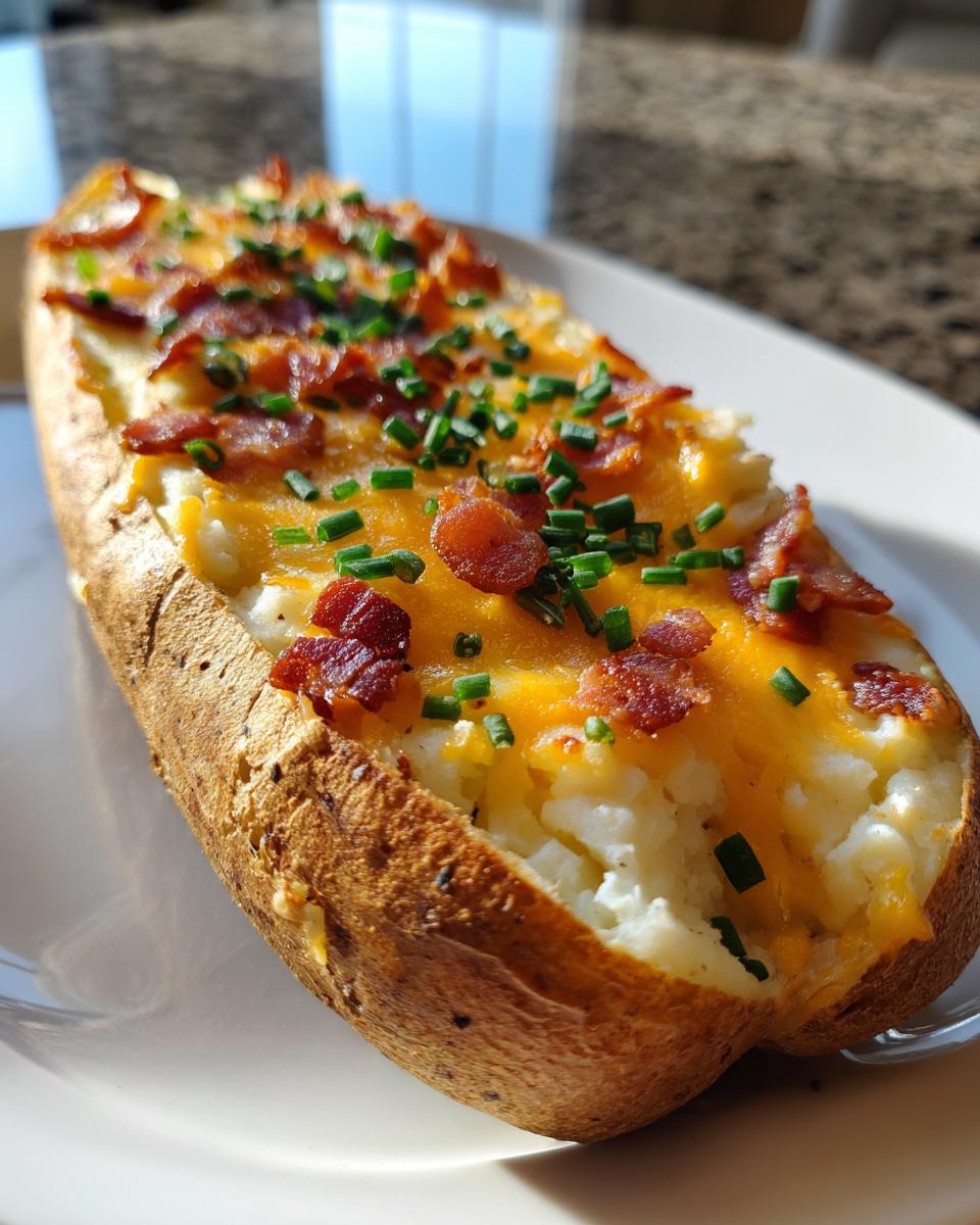 A close-up of a fluffy twice-baked potato loaded with melted cheddar cheese, bacon bits, and fresh chives.