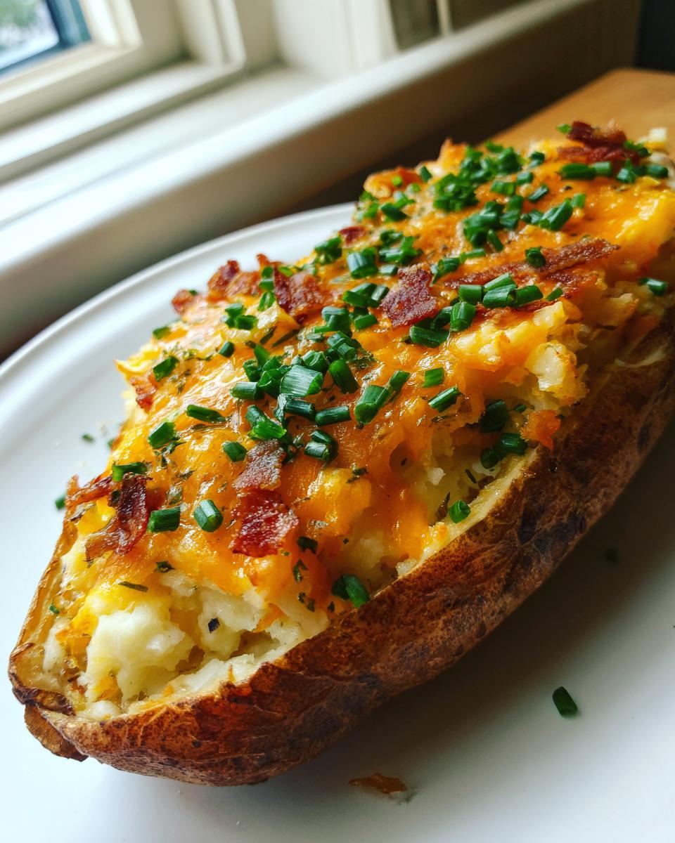 A close-up of a single, perfectly baked twice-baked potato stuffed with mashed potato, topped with melted cheddar cheese, bacon bits, and chives.