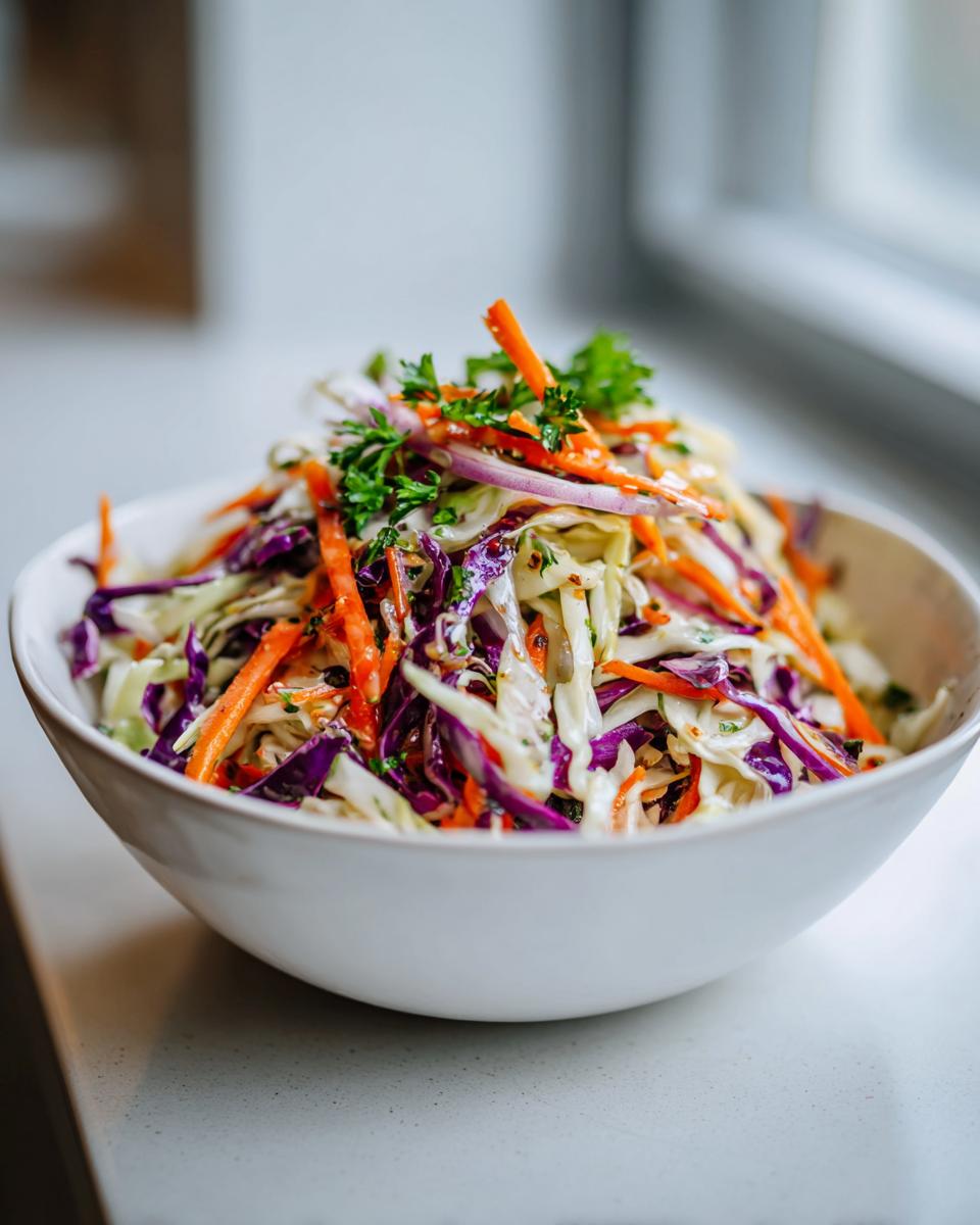 A white bowl filled with colorful, freshly made cabbage salad featuring shredded purple and green cabbage, carrots, and parsley garnish.