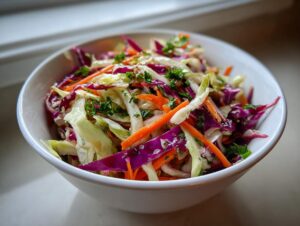 Close-up of a vibrant, freshly made cabbage salad featuring shredded green cabbage, red cabbage, and carrots, garnished with parsley.