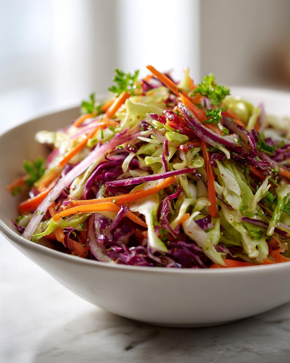 Close-up of a vibrant, freshly tossed cabbage salad featuring shredded green and red cabbage, carrots, and parsley garnish.