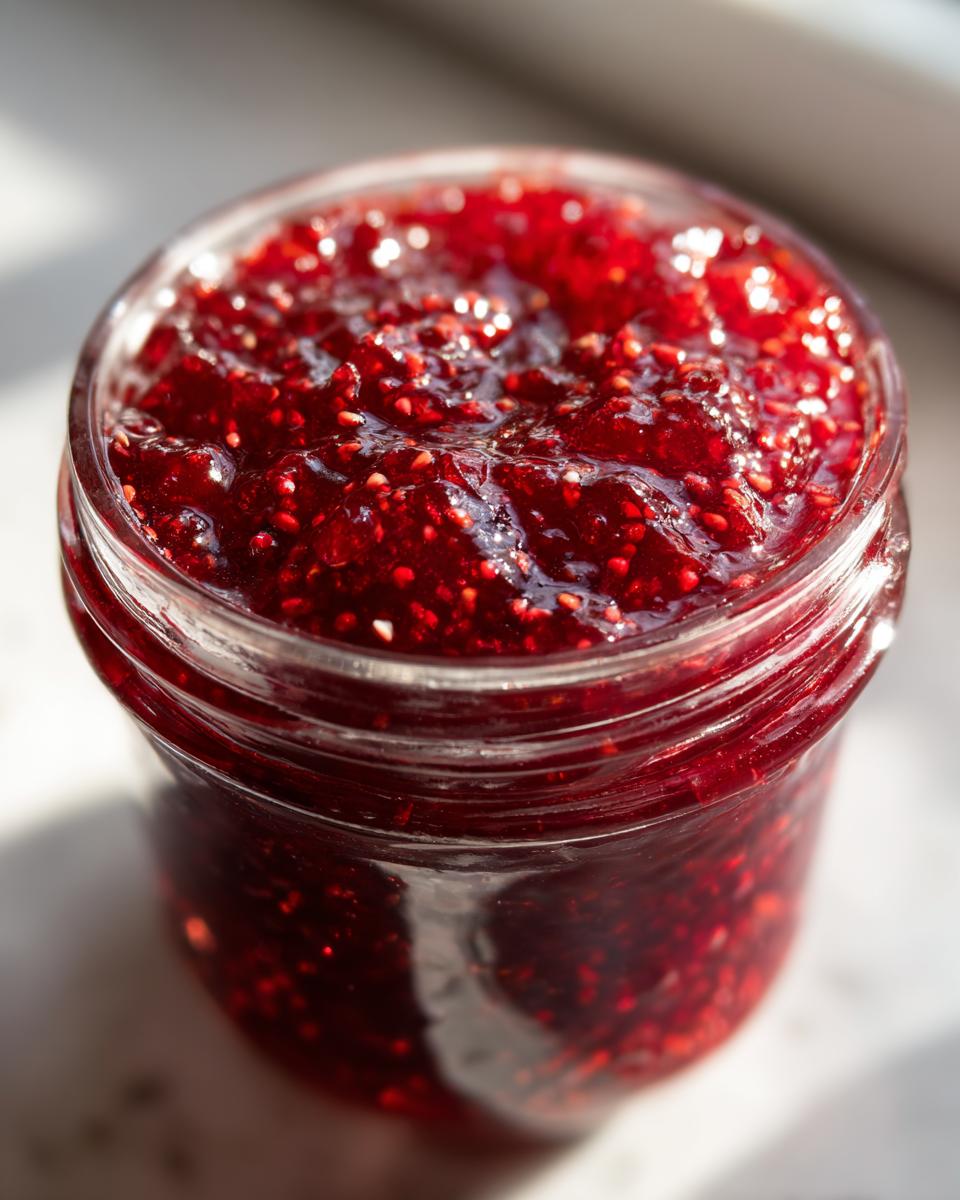 Close-up of a glass jar filled with bright red, textured christmas jam, likely raspberry or mixed berry.