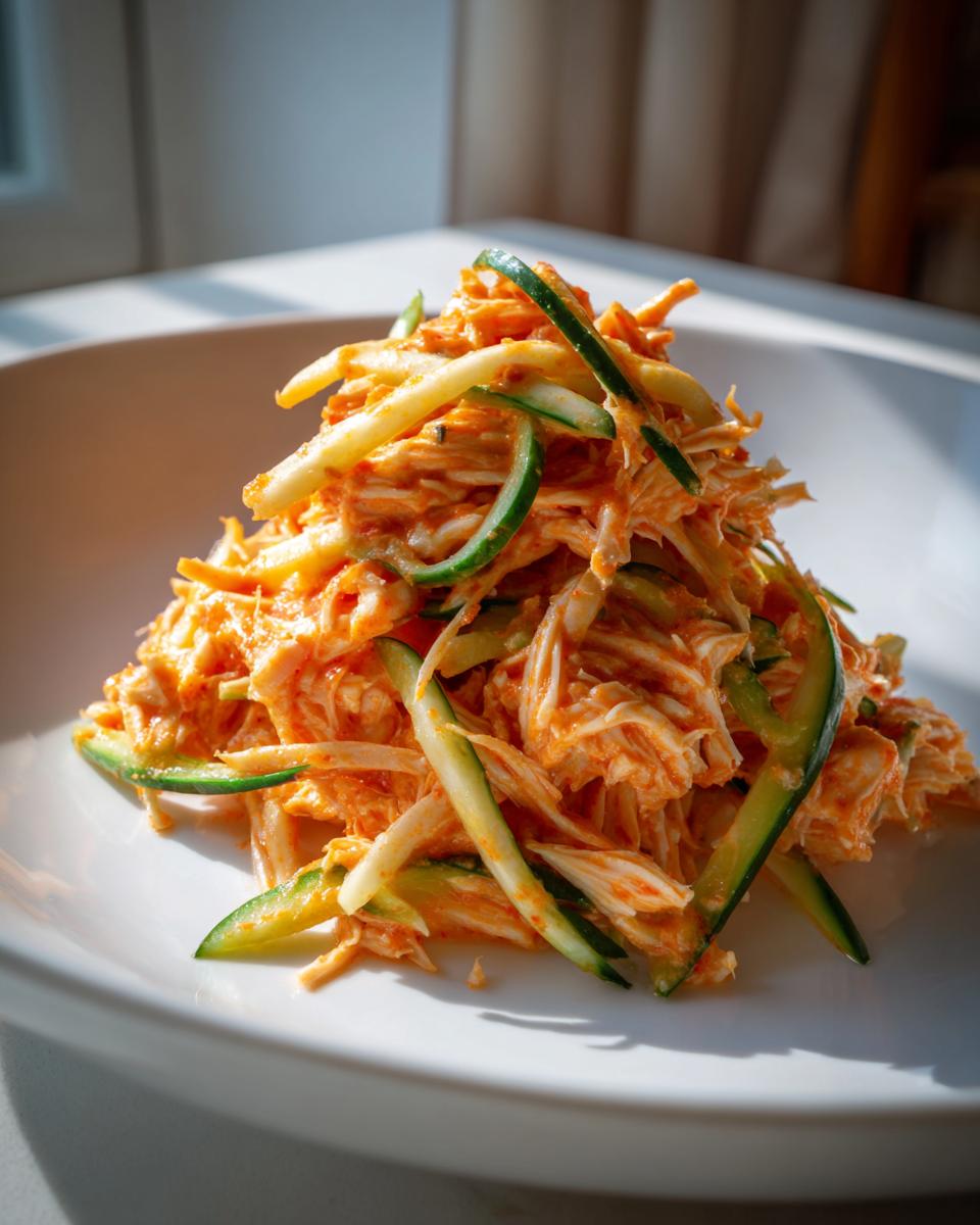 A close-up of a mound of bright orange kani salad mixed with julienned cucumber strips on a white plate.
