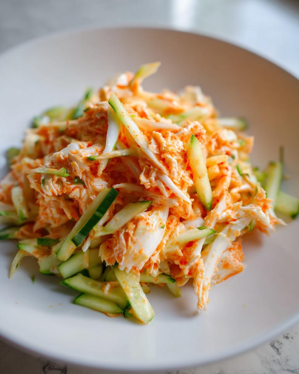 Close-up of a vibrant kani salad featuring shredded crab mixed with a spicy orange dressing and julienned cucumbers.