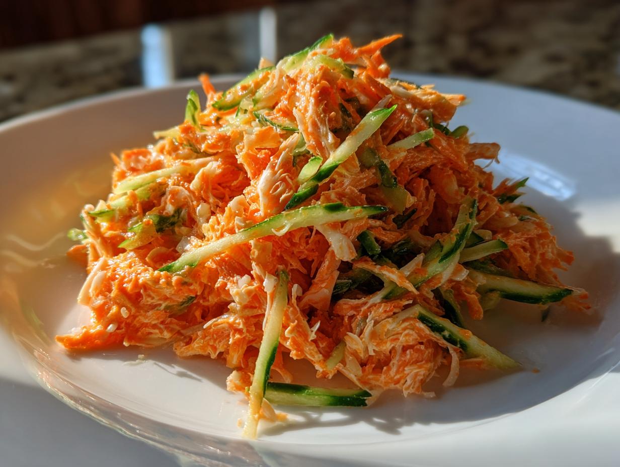A mound of creamy, bright orange kani salad mixed with julienned cucumber slices on a white plate.