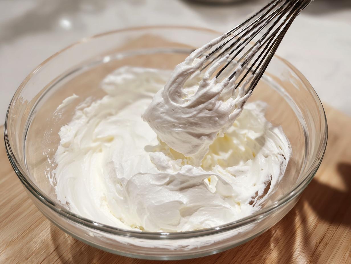 Close-up of thick, white, fluffy mixture being whisked in a clear glass bowl, essential for a royal icing recipe.