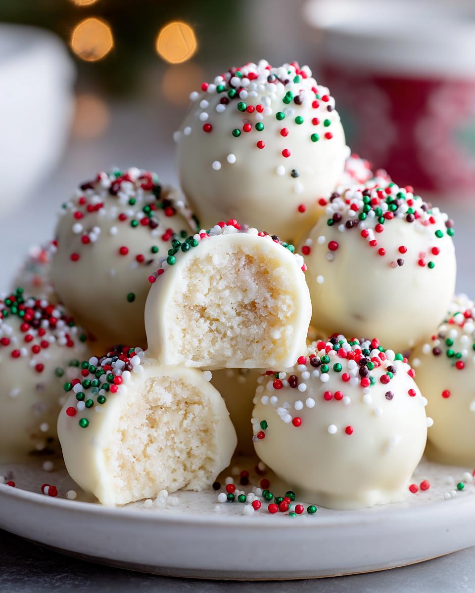 A stack of white chocolate sugar cookie truffles coated in red, green, and white sprinkles, one cut in half showing the cookie dough center.