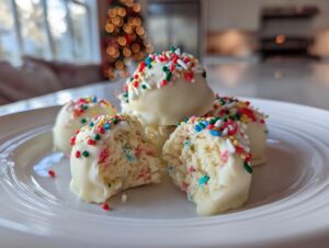 A plate of white chocolate coated sugar cookie truffles topped with festive sprinkles, one is cut open.