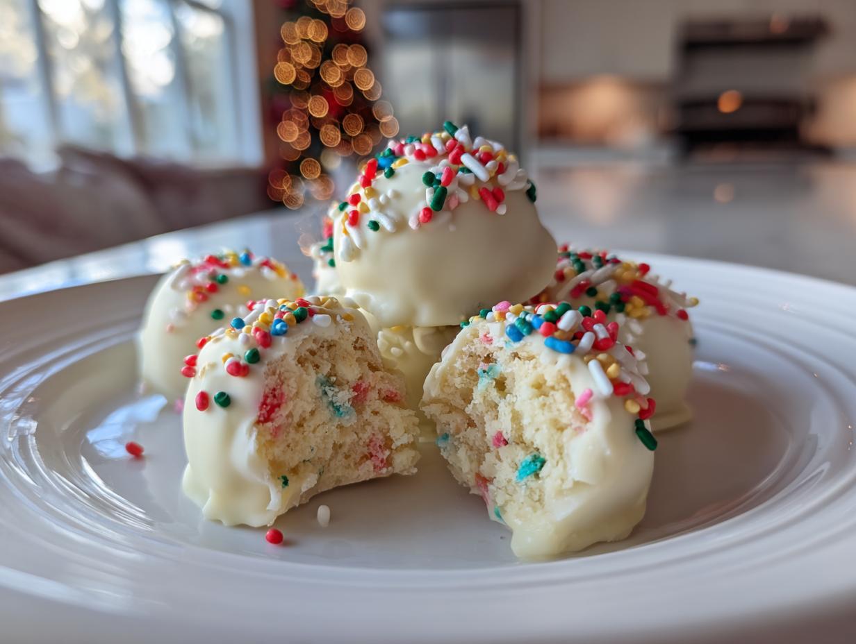 A plate of white chocolate coated sugar cookie truffles topped with festive sprinkles, one is cut open.