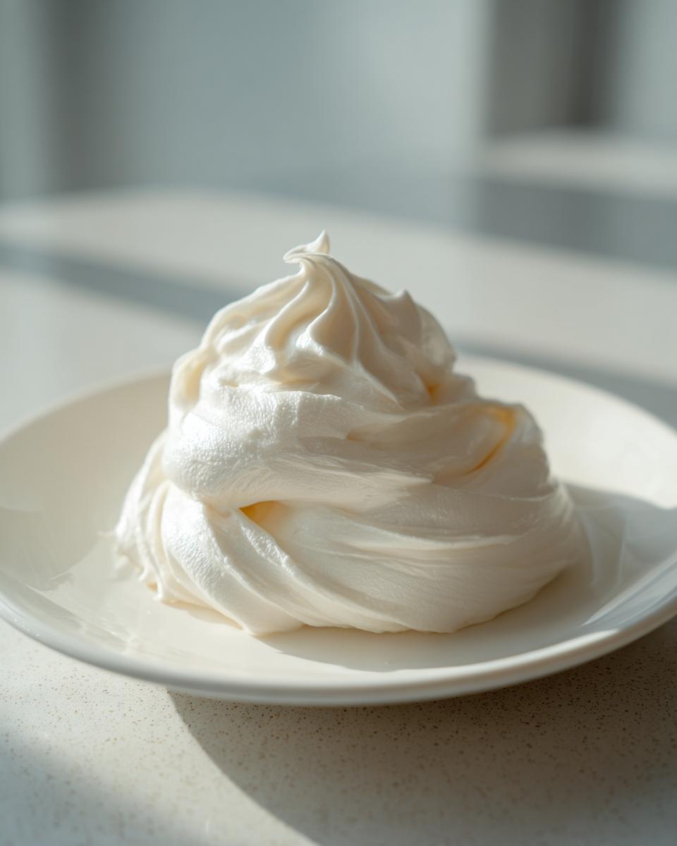 A swirl of smooth, white frosting or cream, possibly used for a marzipan recipe, sitting on a white plate.