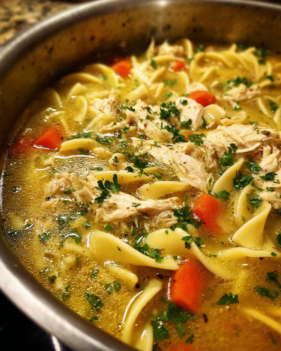 Close-up view of rich broth, shredded chicken, egg noodles, and carrots in a pot of chicken noodle soup.