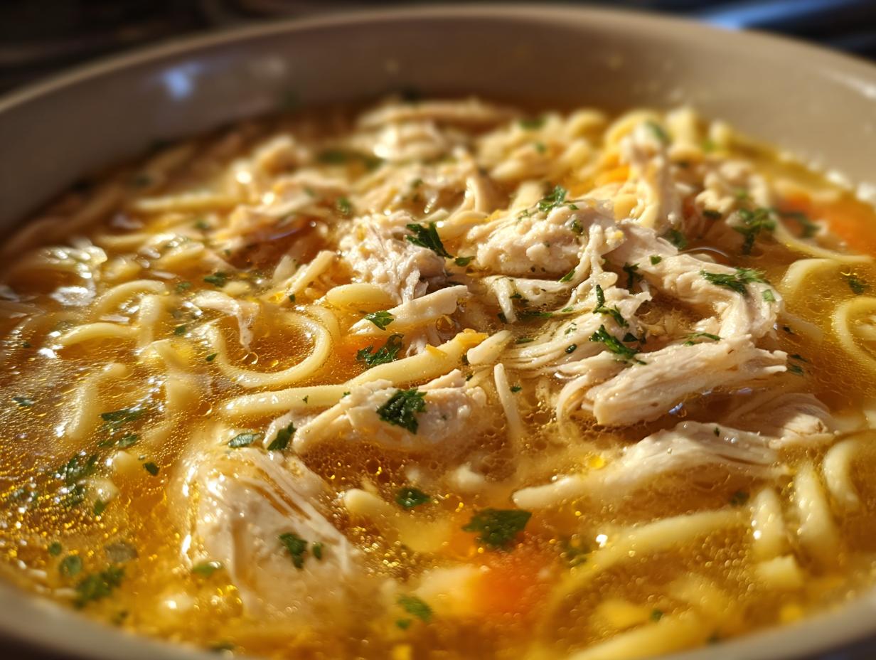 Close-up, steaming bowl of amazing 1-pot chicken noodle soup filled with shredded chicken, egg noodles, and broth.