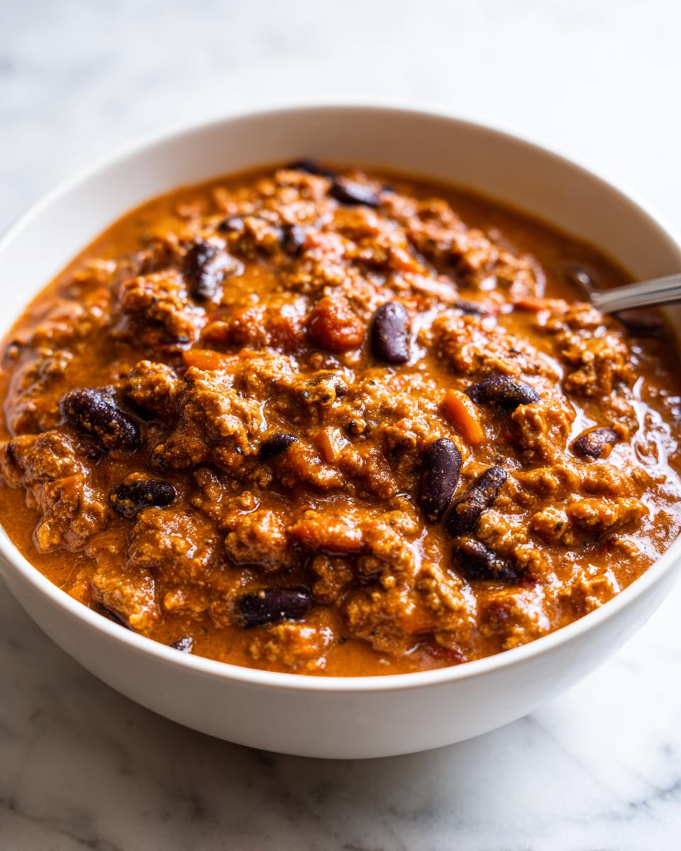 Close-up of a white bowl filled with rich, thick pumpkin chili featuring ground meat and dark kidney beans.