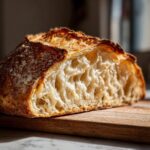 Close-up of a freshly baked loaf of bread cut in half, showing an open, airy crumb structure.