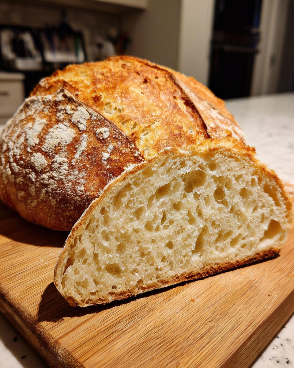A close-up of a freshly baked loaf of bread, sliced open to show the open, airy crumb structure.