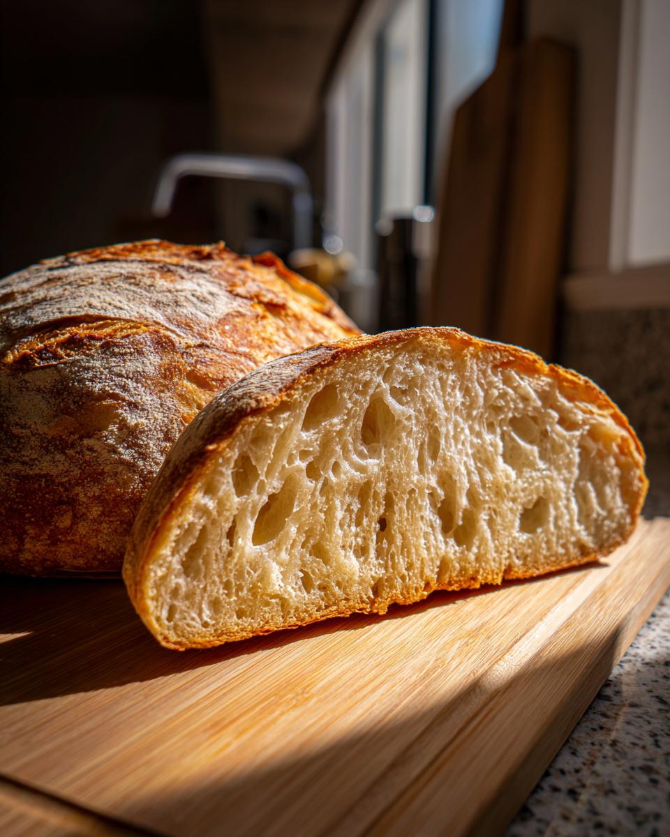 Close-up of a freshly baked loaf of bread cut open, showing an open, airy crumb structure.