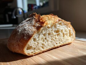 Close-up of a freshly baked loaf of bread cut in half, showing an open, airy crumb structure.