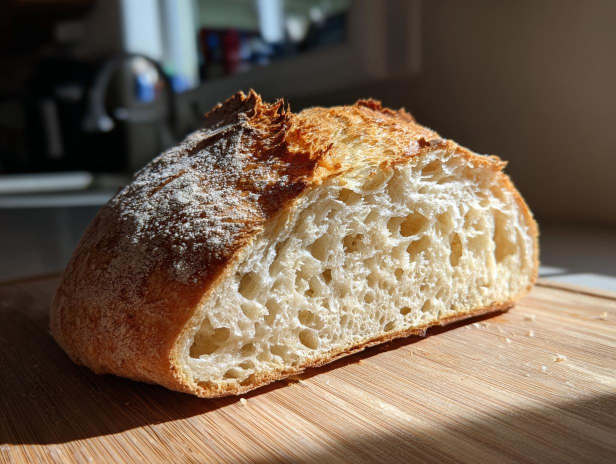 Close-up of a freshly baked loaf of bread cut in half, showing an open, airy crumb structure.