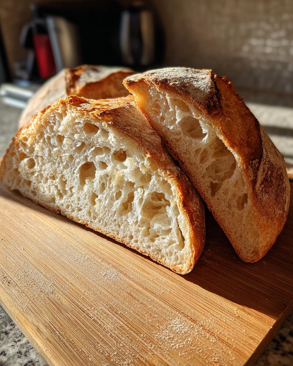 Close-up of two slices of artisanal bread showing an open, airy crumb structure, highlighting the successful 18-hour bread recipe.