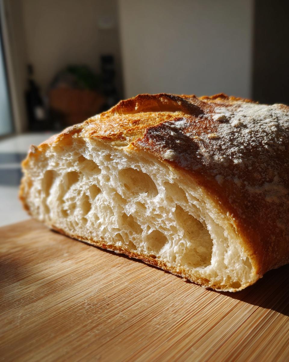 Close-up of the airy, open crumb structure inside a loaf of homemade bread, dusted with flour.