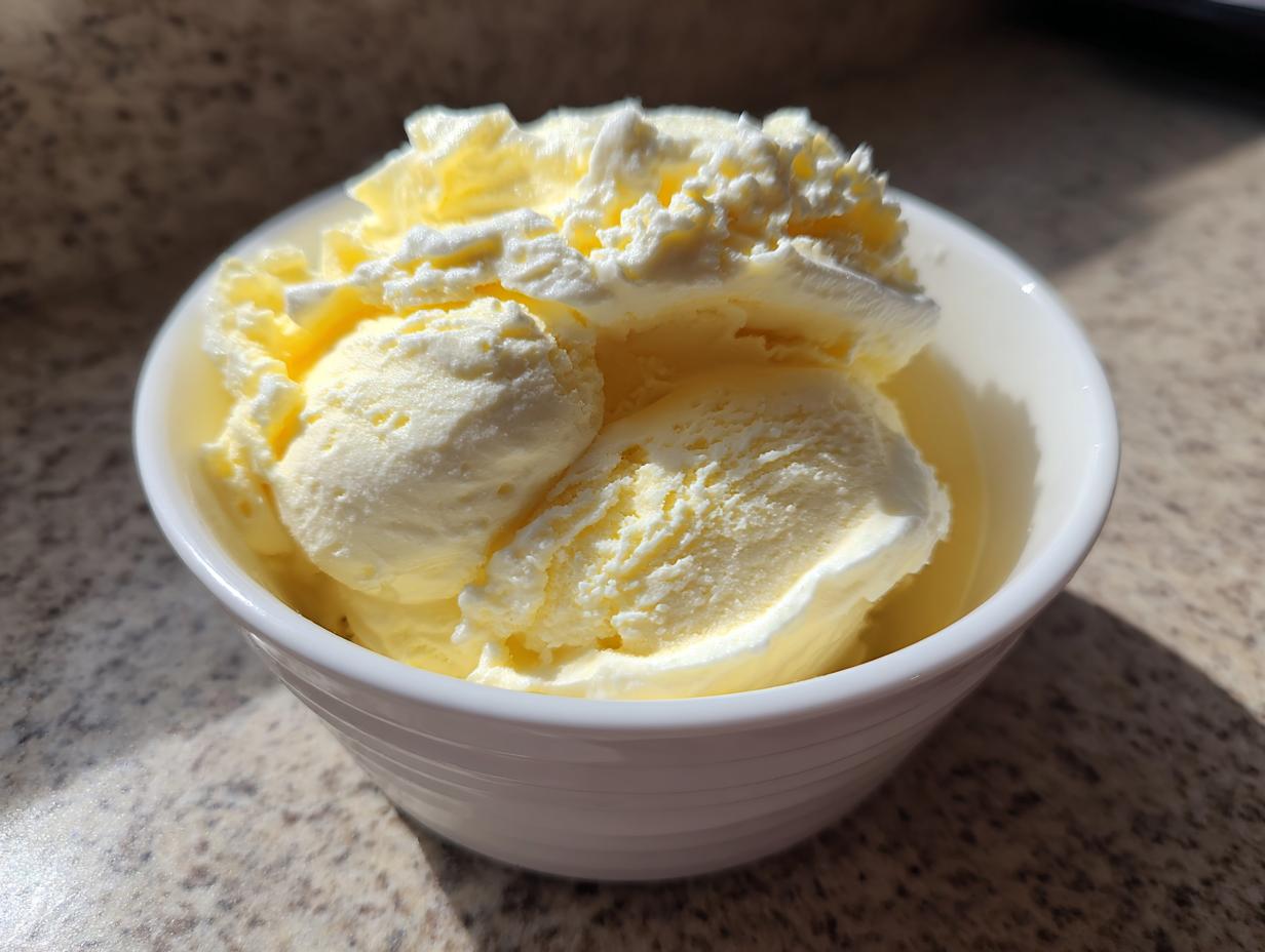 A white bowl filled with scoops of pale yellow, creamy banana ice cream sitting on a speckled countertop.