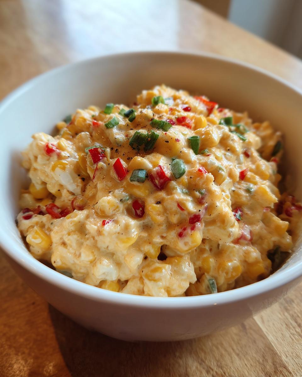 Close-up of a creamy, cheesy corn dip mixed with red peppers and topped with chives.