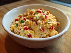 A close-up of creamy, cheesy corn dip mixed with red peppers and green onions in a white bowl.