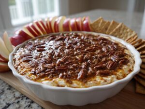 A creamy pecan pie dip topped with glazed pecans, served with apple slices and crackers.