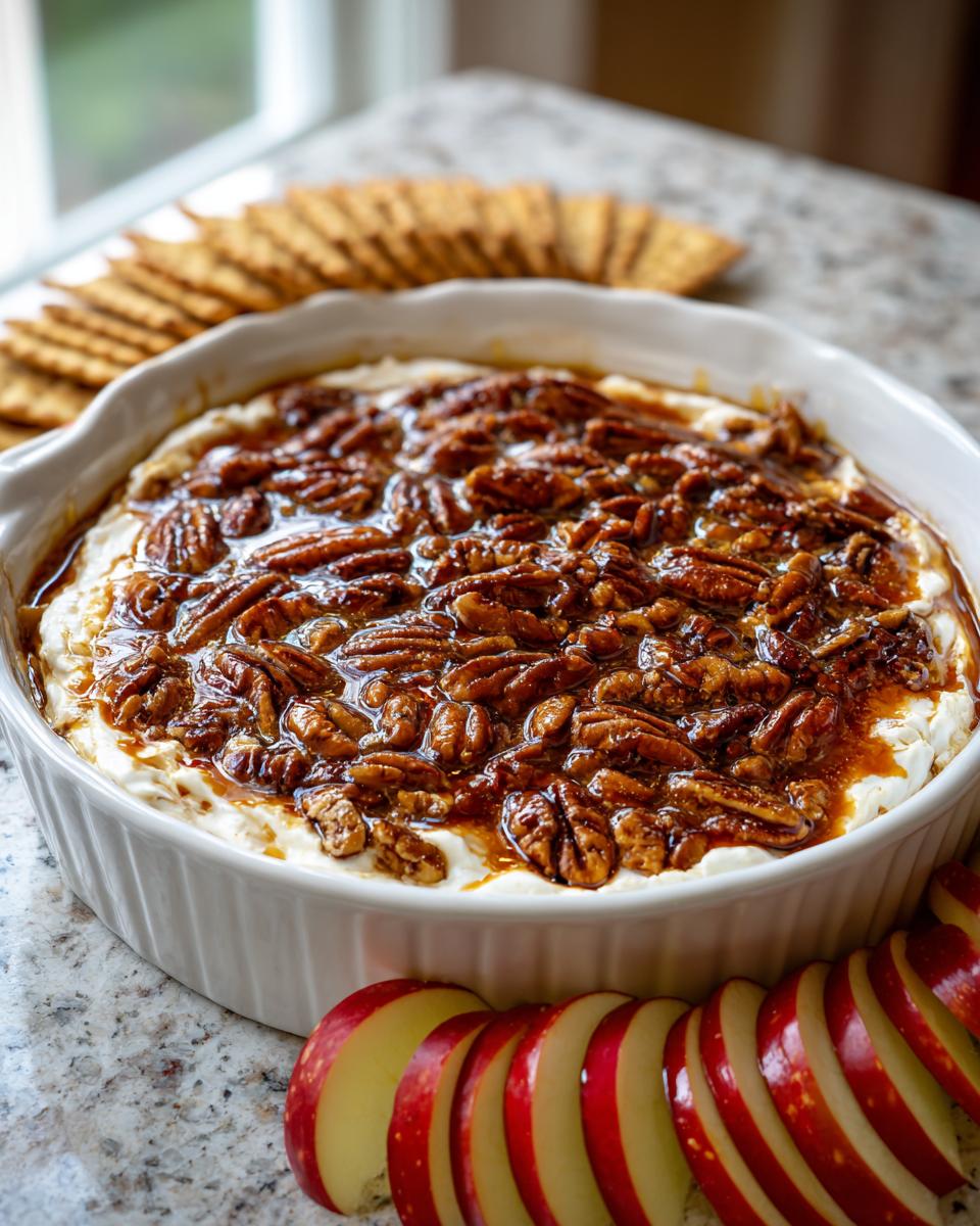 A white dish filled with creamy pecan pie dip topped with glazed pecans, served with apple slices and crackers.