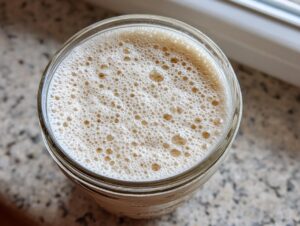 Overhead view of an active sourdough starter in a glass jar, showing a thick layer of small, active bubbles.