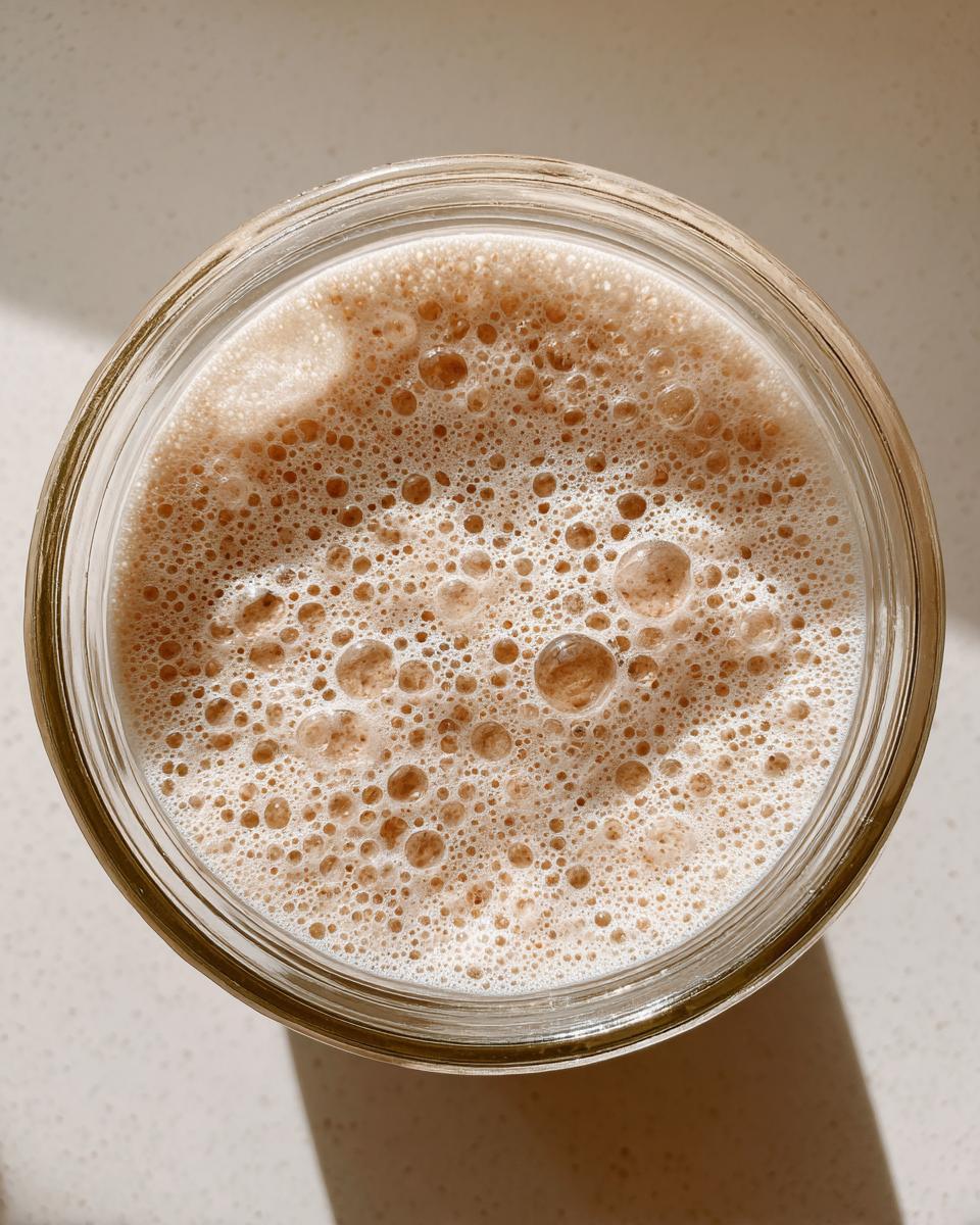 Overhead view of active sourdough starter in a glass jar showing many small, active bubbles.