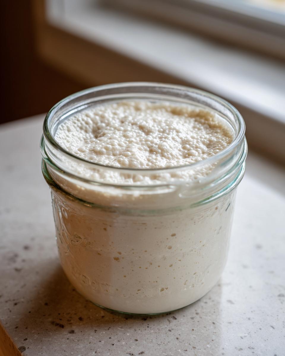A close-up of a very active sourdough starter in a glass jar, showing a thick layer of foam and bubbles on top.