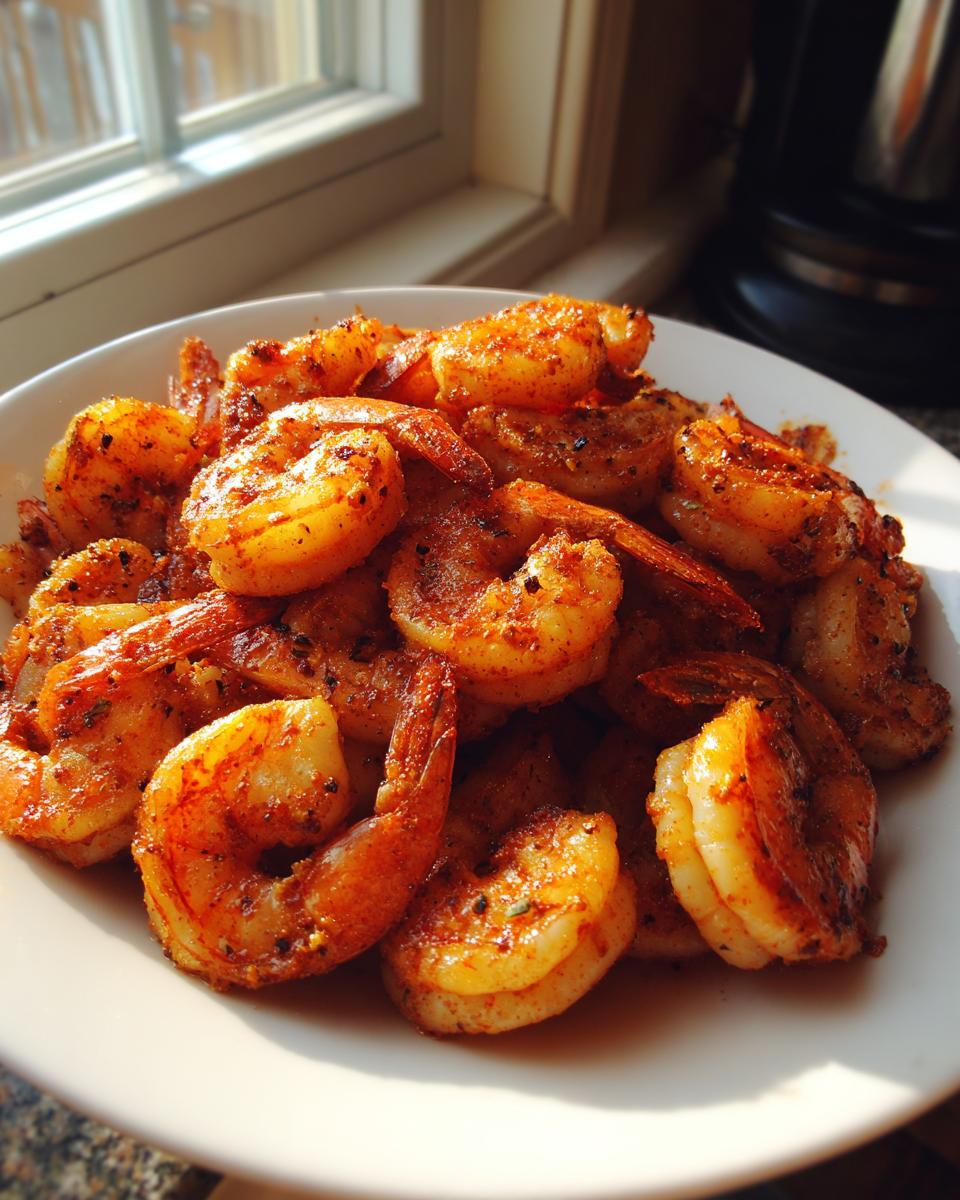 A close-up of a white plate piled high with perfectly cooked, seasoned air fryer frozen shrimp, catching sunlight from a window.