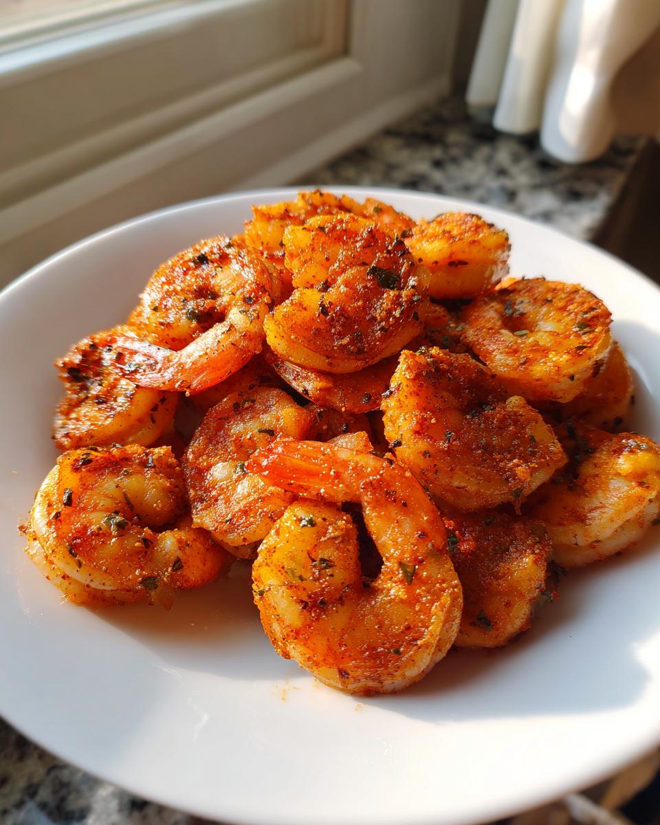 A white bowl filled with seasoned, cooked air fryer frozen shrimp, catching the sunlight near a window.