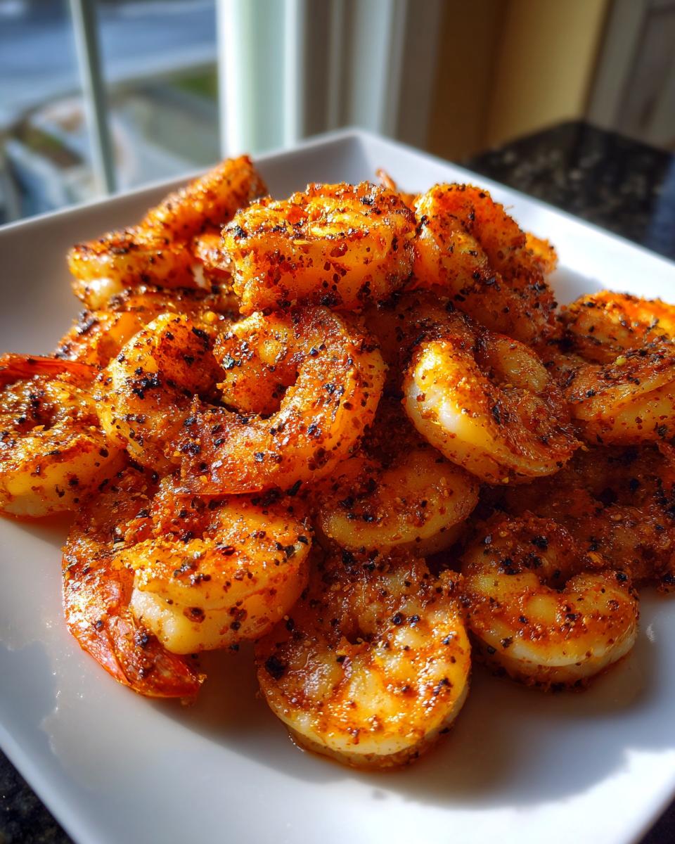 A close-up of a white plate piled high with perfectly cooked, seasoned air fryer frozen shrimp.
