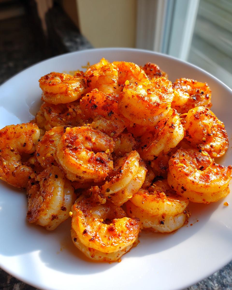 Close-up of cooked, seasoned air fryer frozen shrimp piled high on a white plate, glowing in natural light.