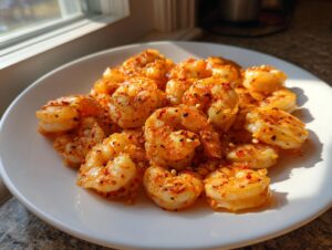 A pile of perfectly cooked, seasoned air fryer frozen shrimp served on a white plate near a sunny window.