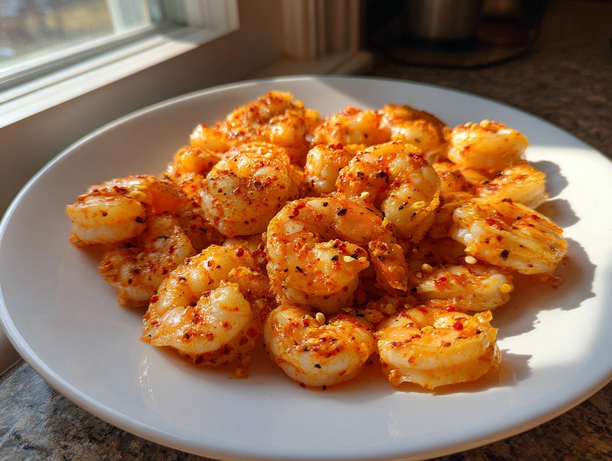 A pile of perfectly cooked, seasoned air fryer frozen shrimp served on a white plate near a sunny window.