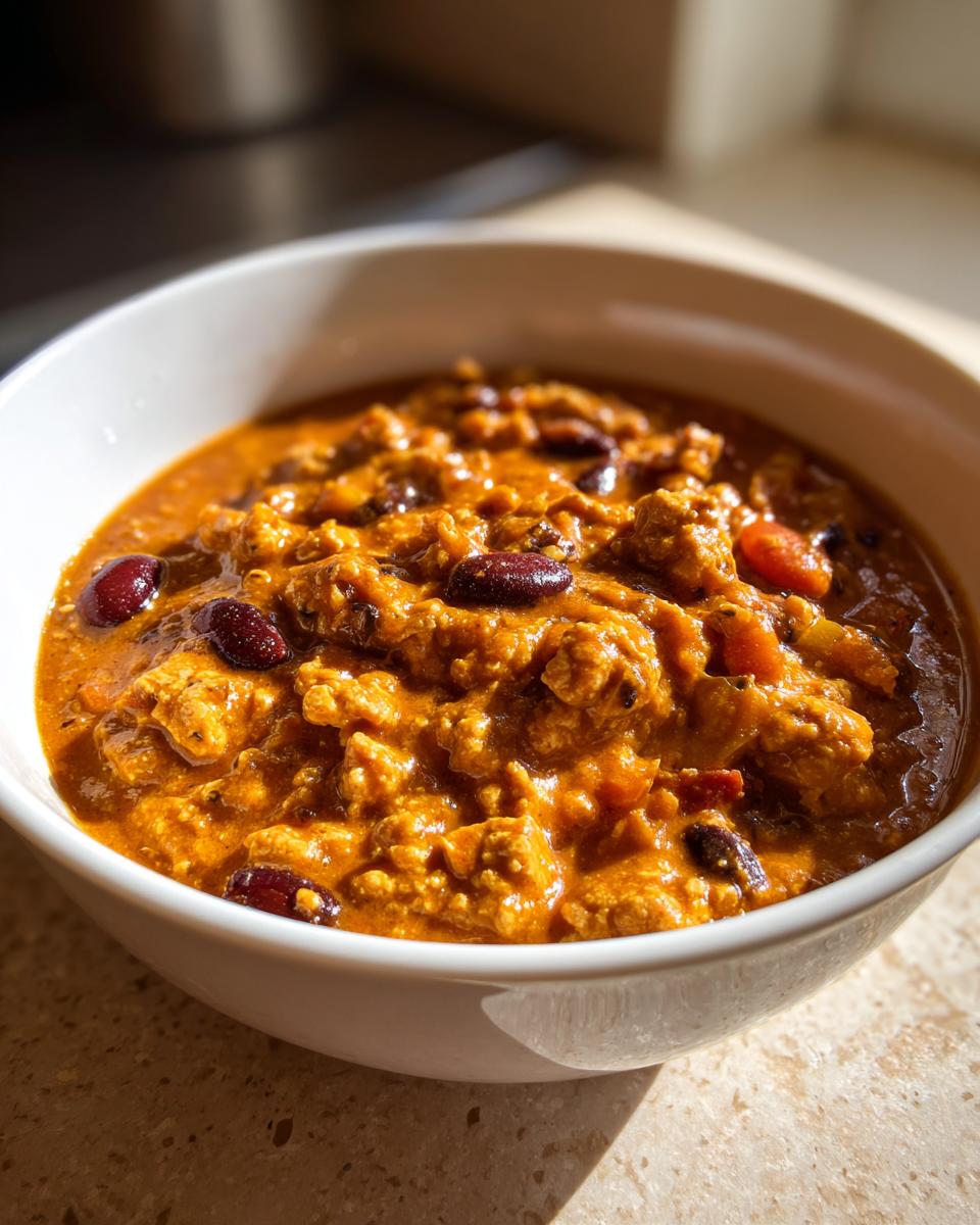 Close-up of a hearty bowl of thick, orange-colored pumpkin chili with visible kidney beans.