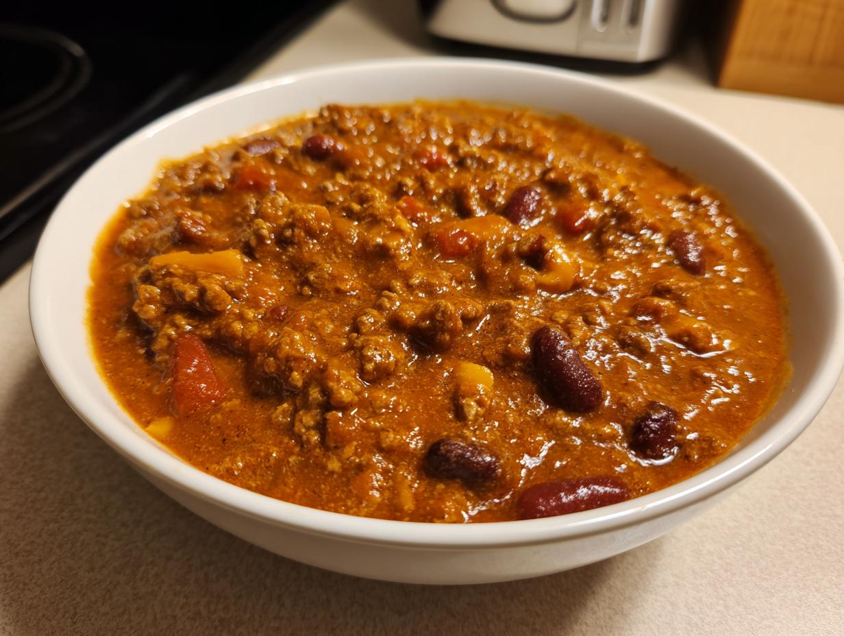 Close-up of a white bowl filled with rich, thick pumpkin chili featuring ground meat and kidney beans.