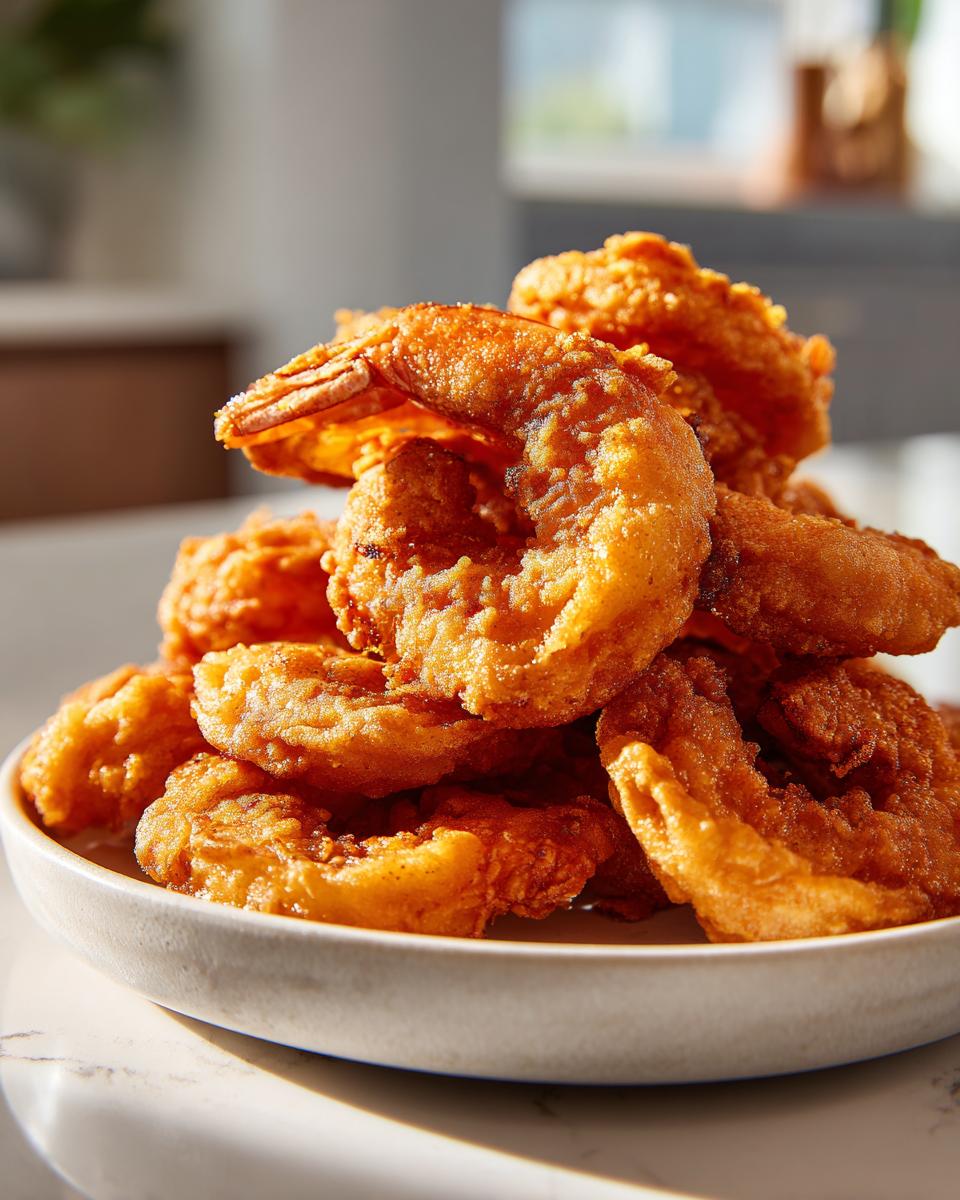 A close-up of a tall pile of perfectly golden brown fried shrimp on a light-colored plate.