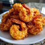 A close-up of a pile of perfectly golden brown, crispy fried shrimp with tails on, served on a white plate.