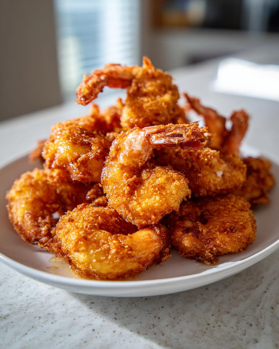 A close-up of a mound of perfectly golden brown, crispy fried shrimp piled high on a white dish.