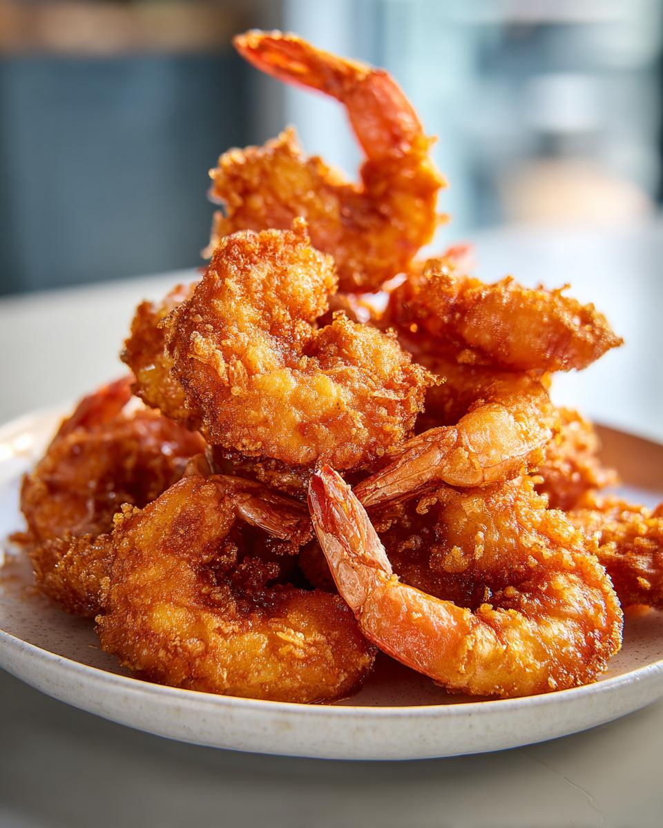 A tall stack of golden brown, crispy fried shrimp piled high on a light-colored plate.