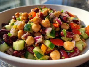 A vibrant close-up of a fresh bean salad featuring chickpeas, kidney beans, cucumber, red onion, and bell peppers.