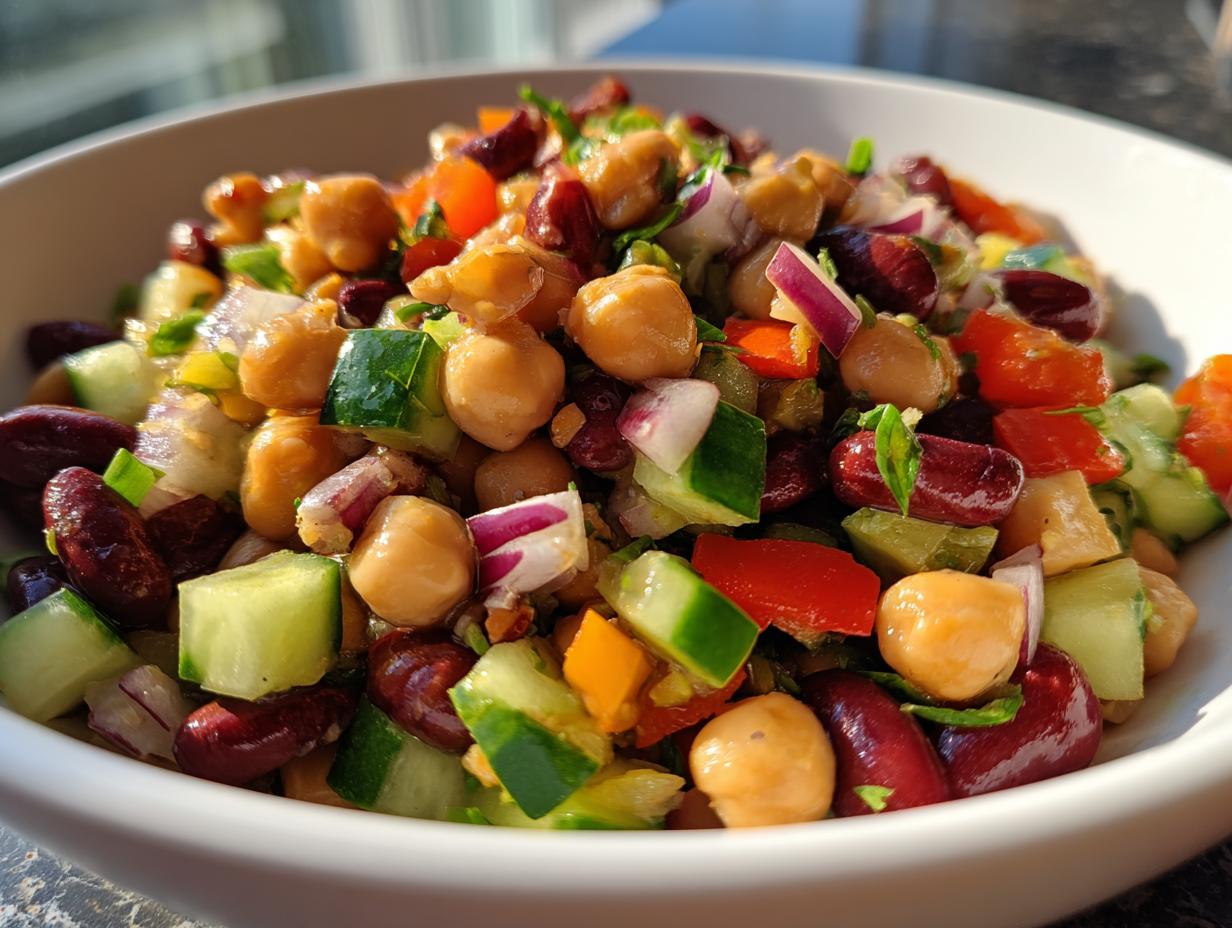 A vibrant close-up of a fresh bean salad featuring chickpeas, kidney beans, cucumber, red onion, and bell peppers.