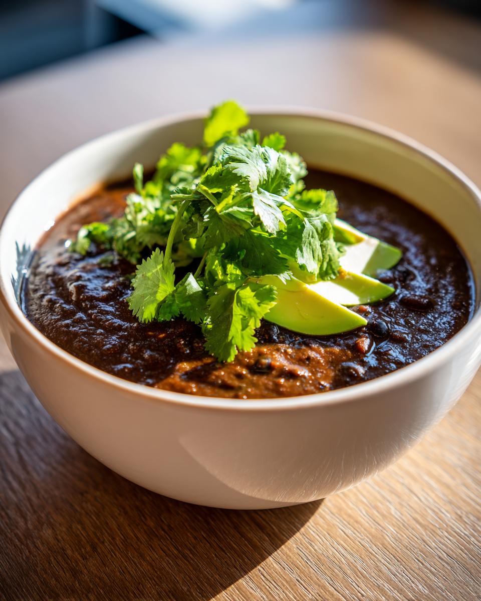 A close-up of a bowl of thick, dark black bean soup topped with fresh cilantro and sliced avocado.