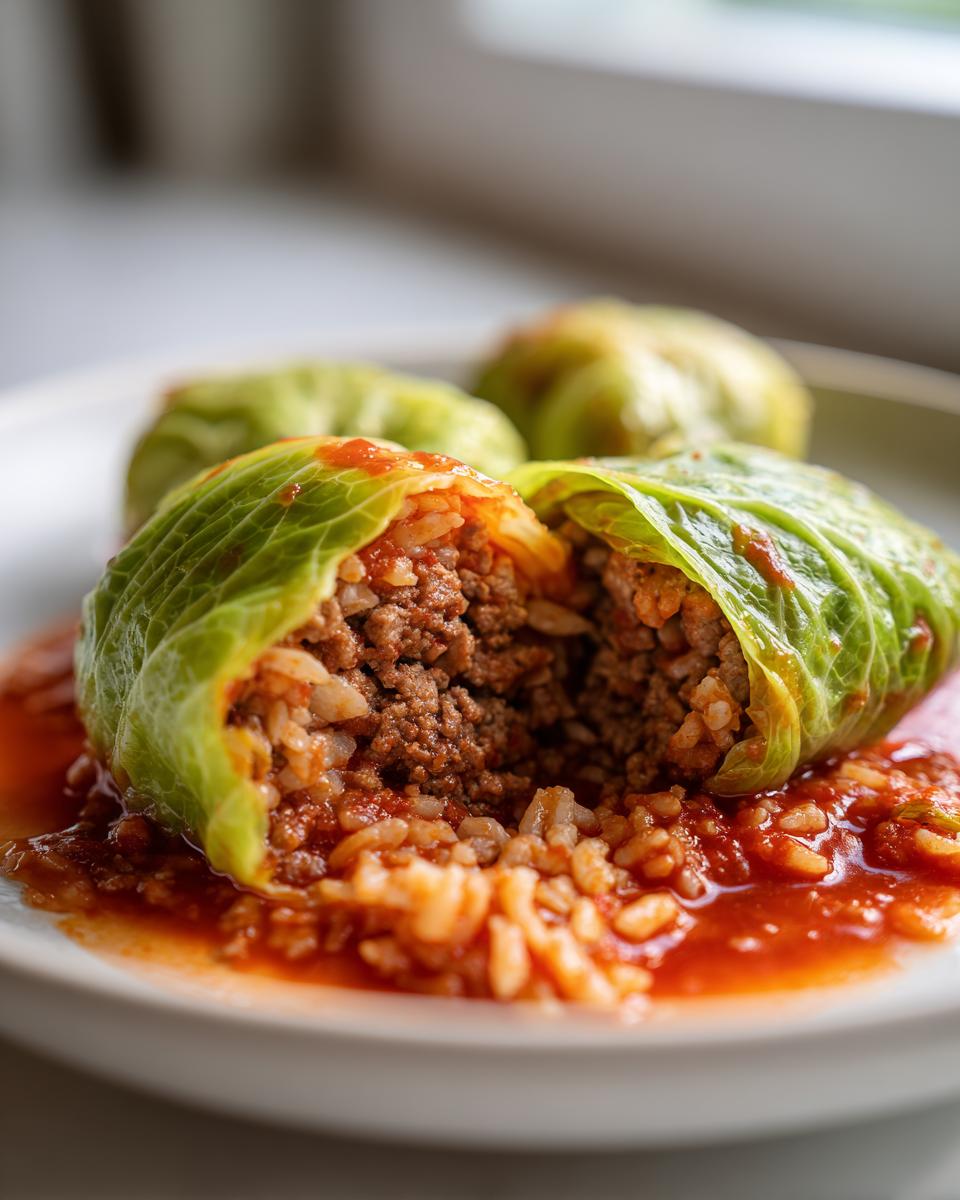 Close-up of a cabbage roll cut open, showing the ground meat and rice filling, served in tomato sauce. Delicious cabbage rolls.